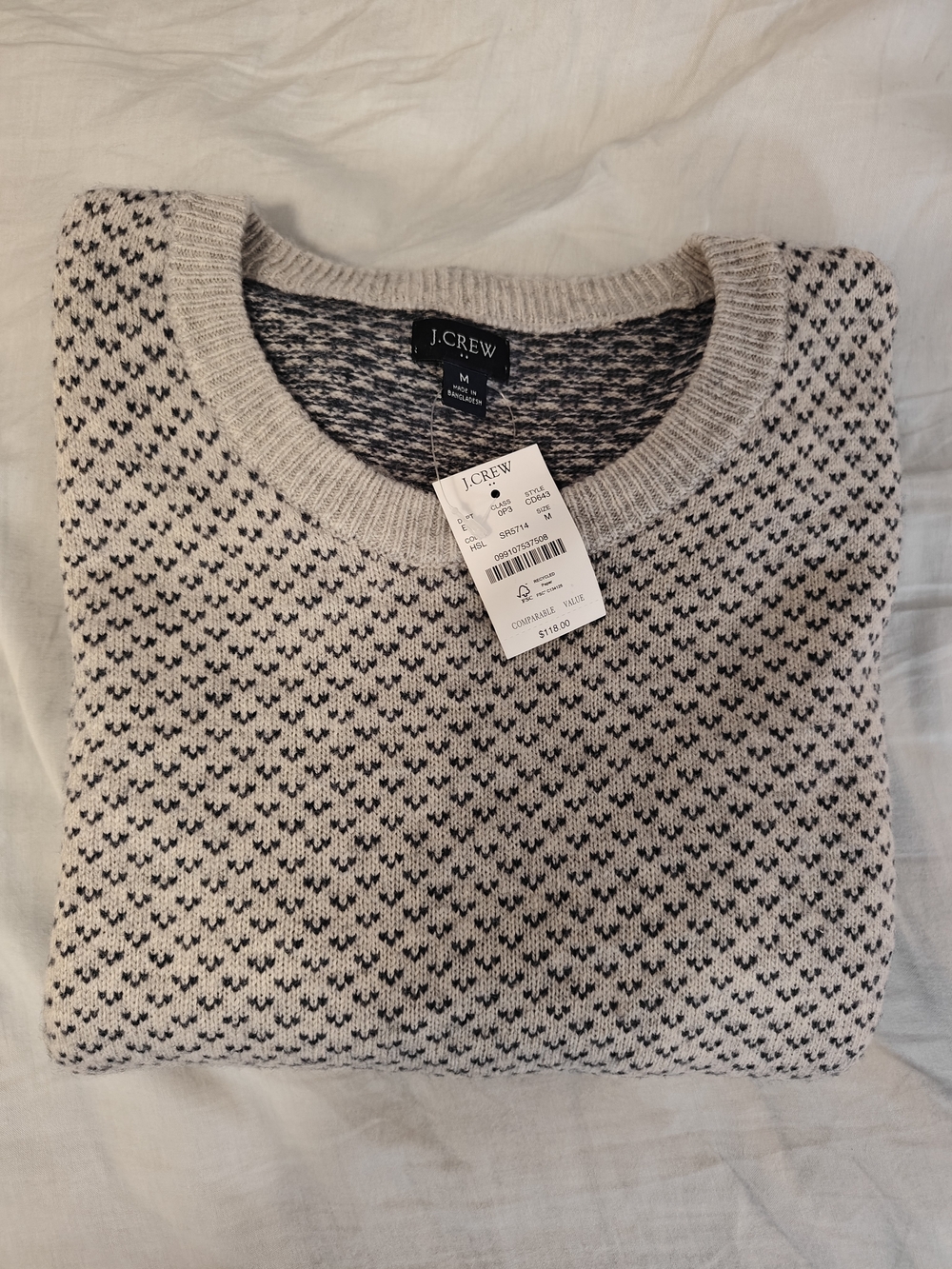 NWT J.Crew Mens Lambswool Patterned Crewneck Sweater Silver Black Medium